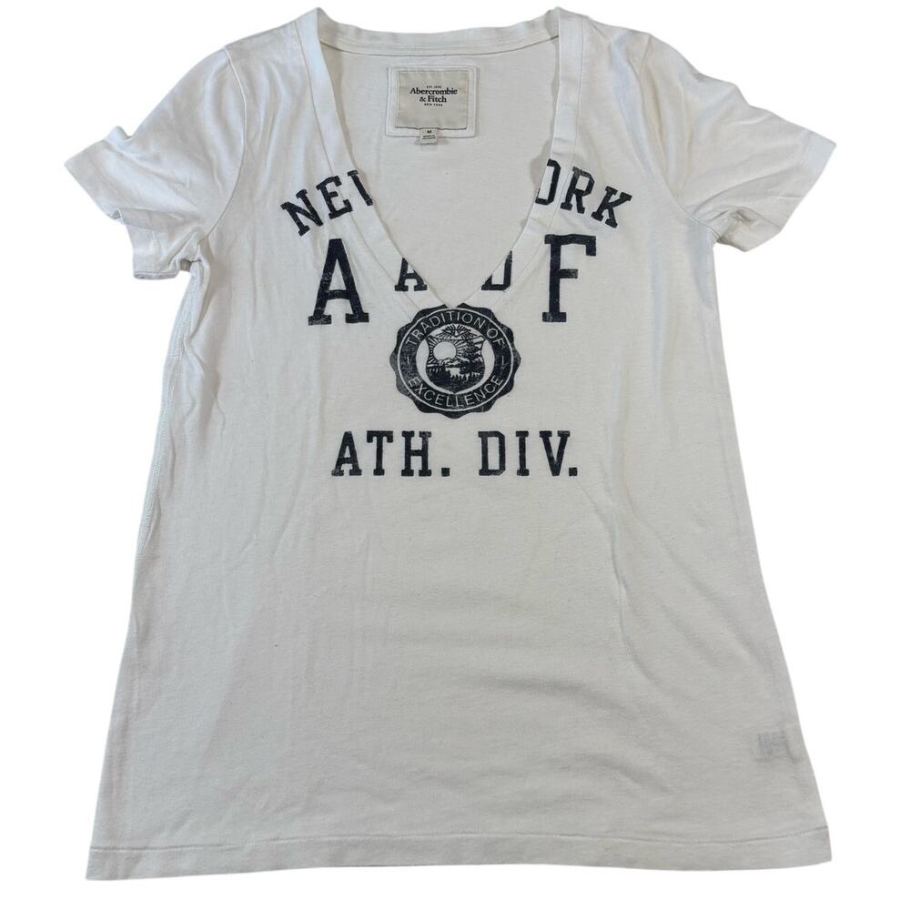 Y2K Abercrombie & Fitch White V-Neck Shirt Womens MED, Athletic Division